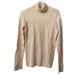 Talbots Womens Cable Knit Turtleneck Sweater M Ivory Winter White Pima Cotton